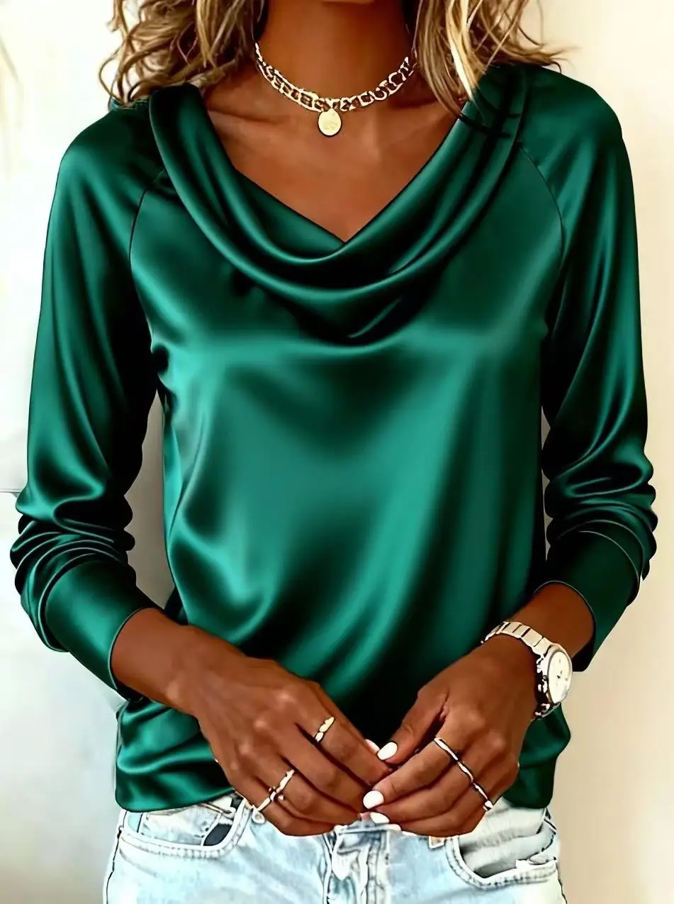 Women - Luxurious Draping Long Sleeve Silk-Like Top Chic Everyday & Office Wear