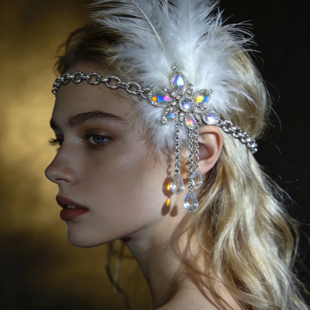 Vintage Gatsby-Style Feather Headband Sequin Fascinator Cosplay Dress Headwear Rhinestone Tassel Masquerade Hair Band Women