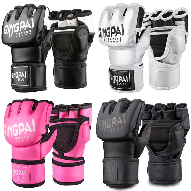 

PU Leather Boxing Gloves for Men Half Finger MMA Fighting Kick Karate Muay Thai Training Workout Pouching Mitts Pink Black Color