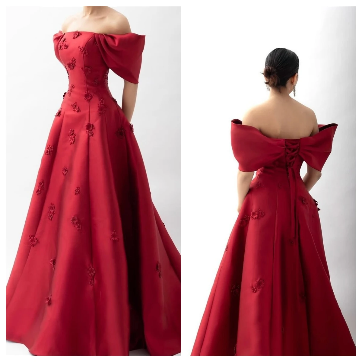 فستان سهرة من الساتان الأحمر عالي الجودة مخصص برقبة قارب قبالة الكتف وأكمام قصيرة فستان العودة للوطن فساتين المشاهير زهرة