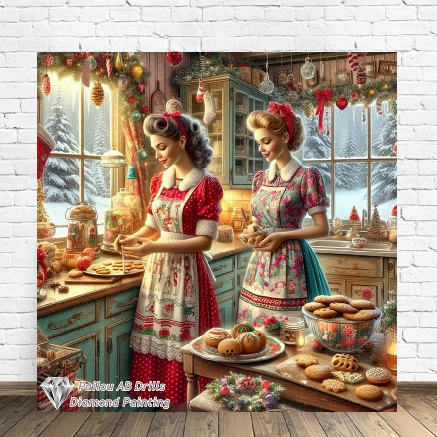 Women Make Gingerbread For Christmas 5D DIY AB Diamond Painting Kits Photo Art Mosaic Cross Stitch Embroidery Home Decor Gift