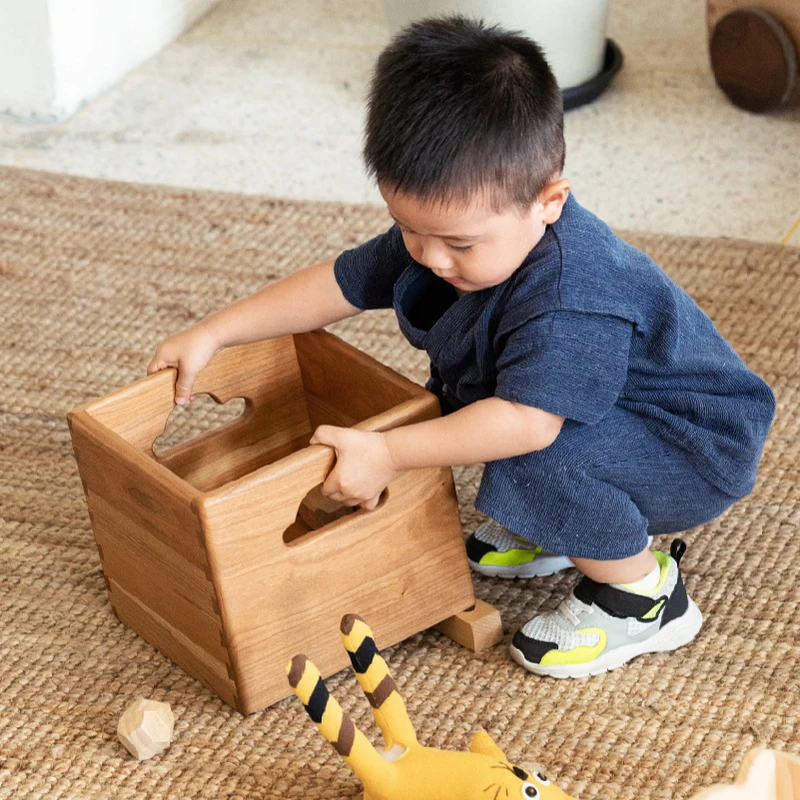 

‌Kids Solid Wood Storage Hamper - Square Handled Organizer Bin Wooden Craft Toy Box, Portable Stackable Nursery Cube, Home Decor