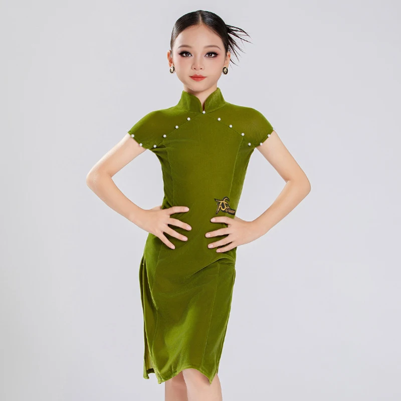 Ropa de baile latino de terciopelo para niñas, Cheongsam de estilo chino, uniforme de competición de baile latino, disfraces para niños