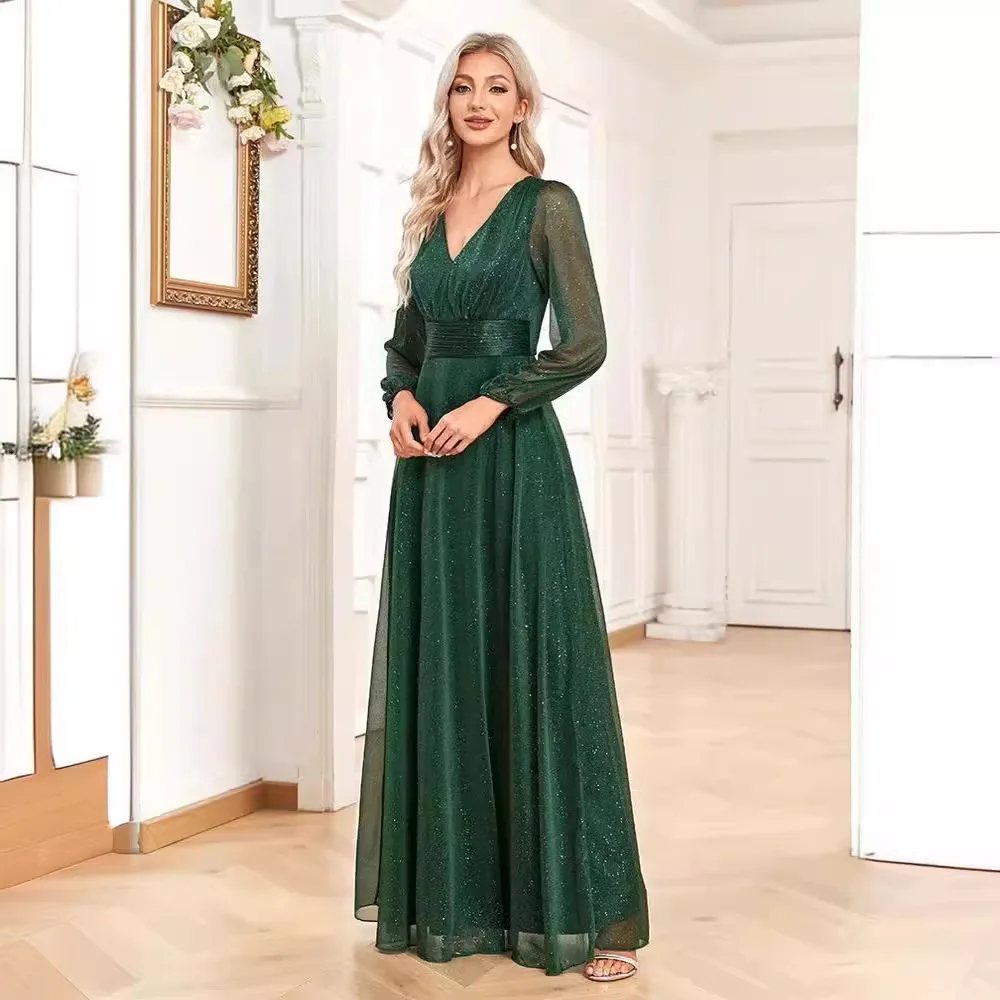 N129 Customized Full Sleeves Green V-Neck Formal Dresses Sweet Memory Wedding Bridesmaid Dress Long For Women Girls Party Robe