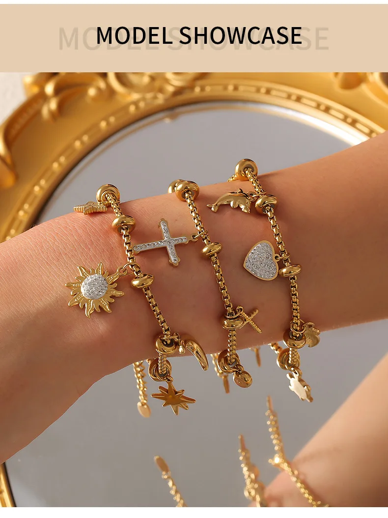 316l Edelstahl Kreuz Mond Sterne Anhänger Armreif Frauen Vintage Strass Herz Armband Luxus vergoldeten Schmuck Geschenk – Detail 4