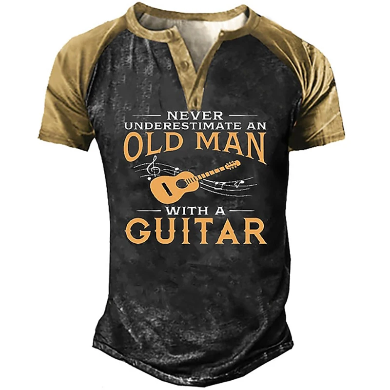 Guitar Letter 3D Print Henley Shirts Men\'s Vintage Fashion Streetwear Oversized Short Sleeve T Shirt Man Male Tees Tops Clothing