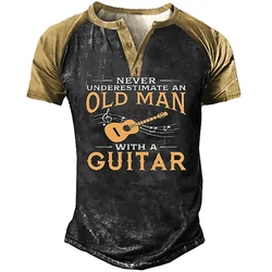 Guitar Letter 3D Print Henley Shirts Men's Vintage Fashion Streetwear Oversized Short Sleeve T Shirt Man Male Tees Tops Clothing