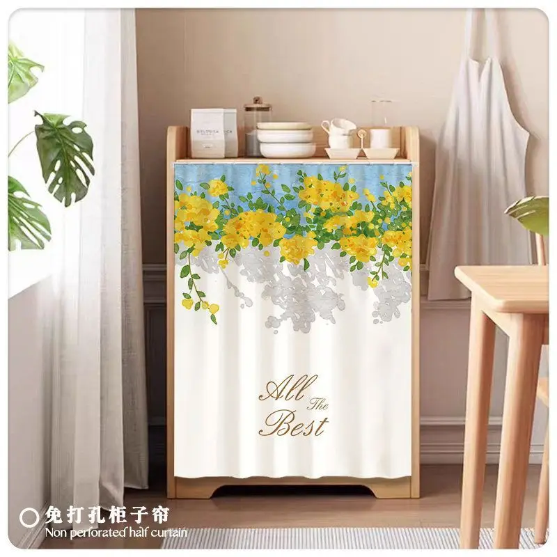 VIKAMA Sunflower Bouquet Cabinet Curtain No Drill Dustproof Cupboard Cover Watercolor Floral Ins Home Decor Curtain