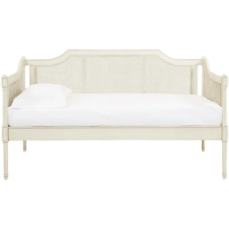 

French retro rattan art sofa carved white old living room straight row double triple sofa