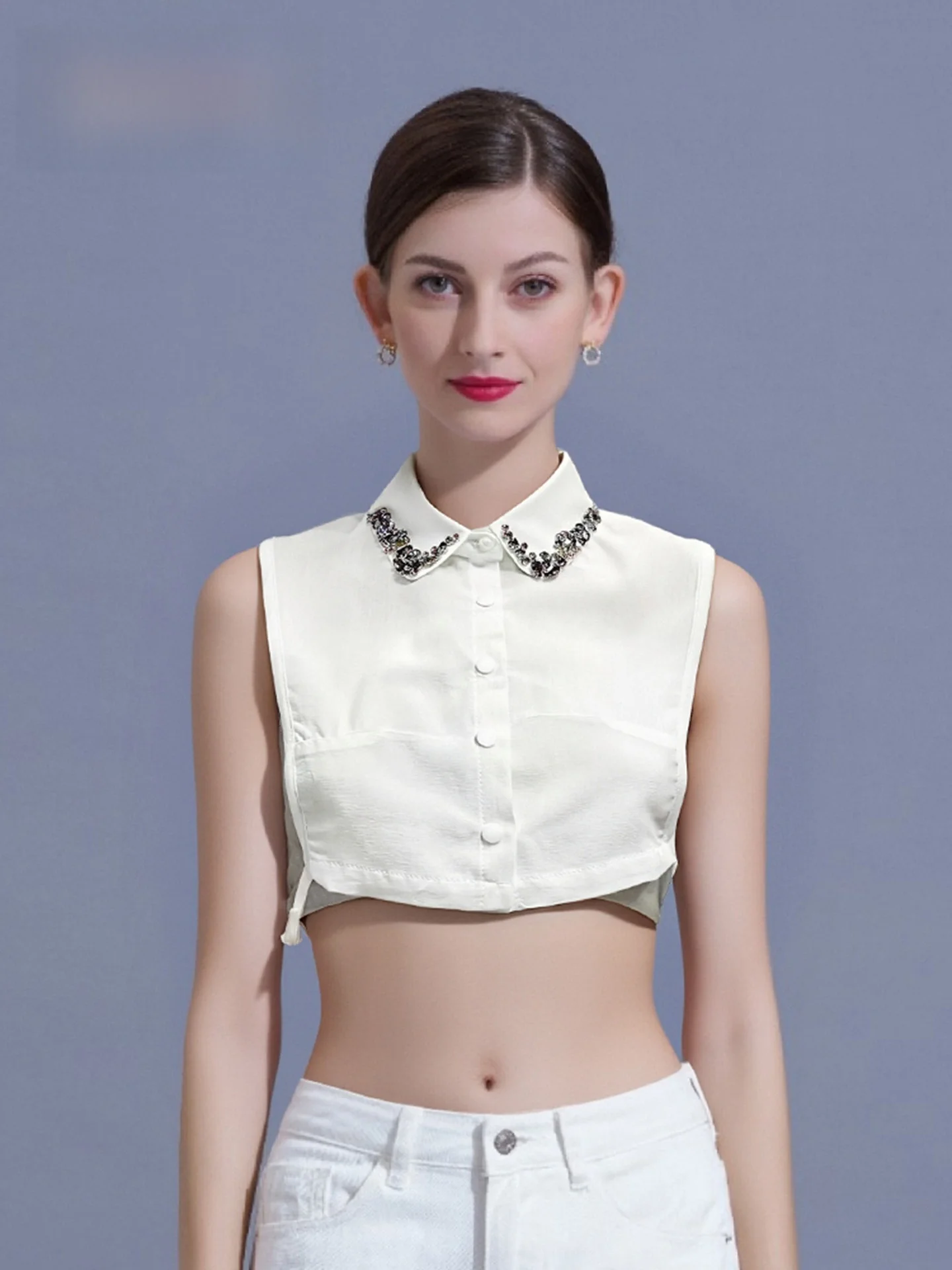 ビーズ付きシャツ襟フェイクカラー女性用多用途春秋冬フェイクシャツインナーマッチセーター多機能デコラ