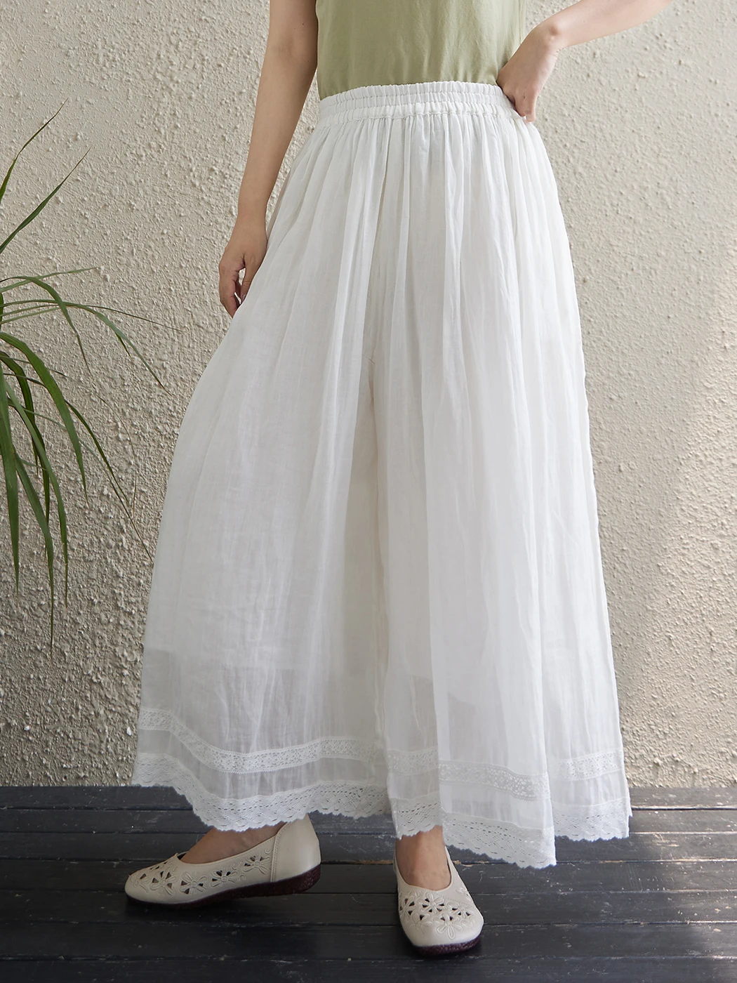 Double Layer Cotton Linen Wide Leg Pants with Elastic Waist And Lace Trim Brand Women's Casual Pants Summer Commute Style