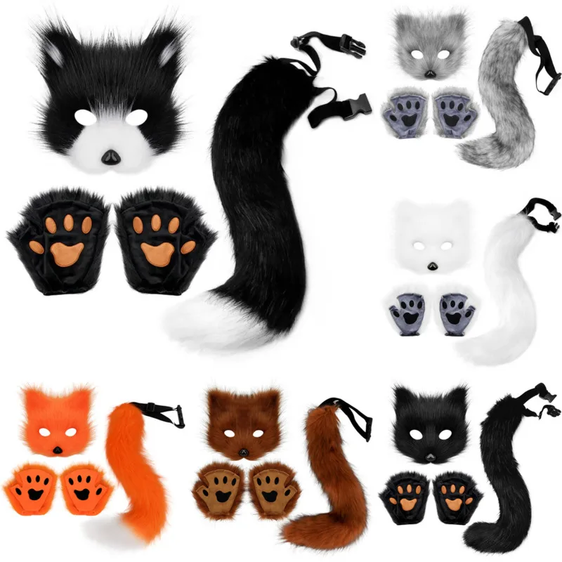 Fluffy Fur Fox Tail Cat Paws Gloves Wolf Therian Mask Set For Halloween Cosplay Party Costume Accessories Half Face Masks Props