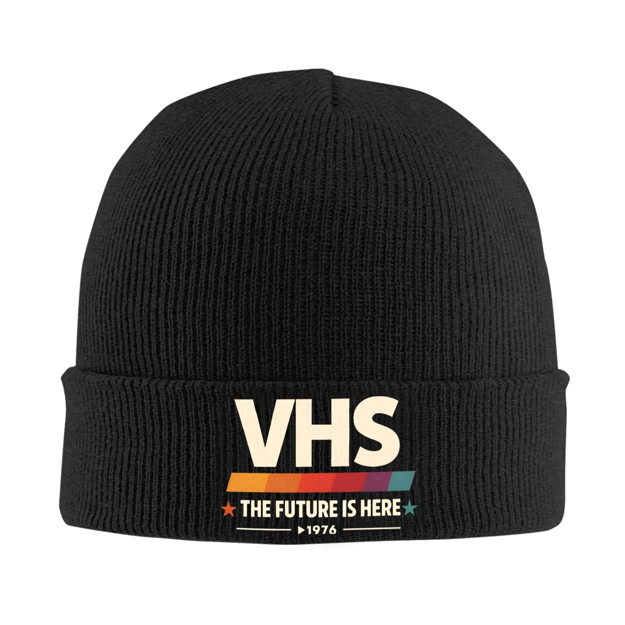 VHS Tape The Future Is Here 1976 Knitted Hat Women Men Beanies Autumn Winter Casual Hats Acrylic Video Worn Out Warm Melon Cap