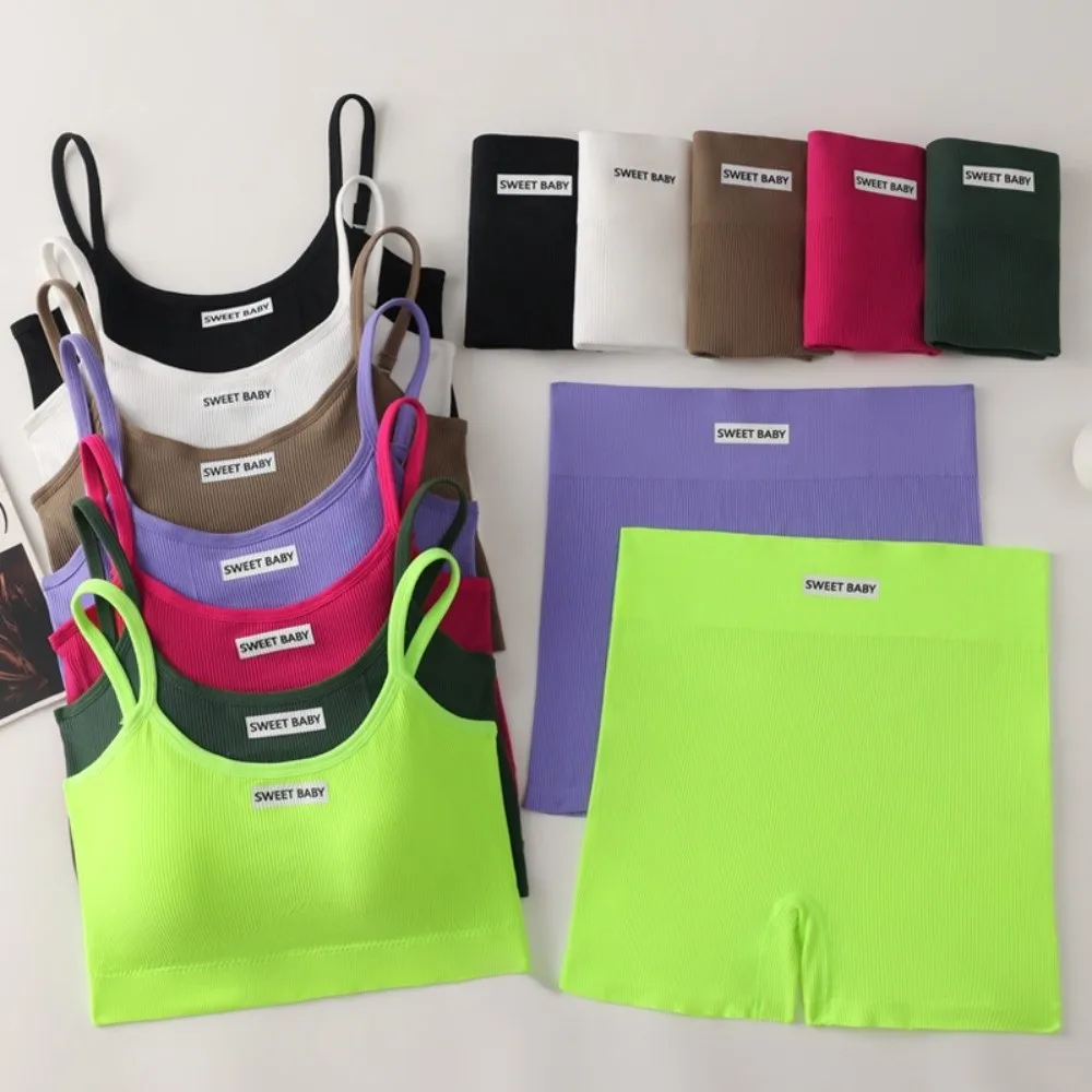 مجموعة ملابس رياضية نسائية فائقة التمدد بدون أكمام، ملابس رياضية، سراويل قصيرة، طقم سراويل قصيرة بلون سادة #1