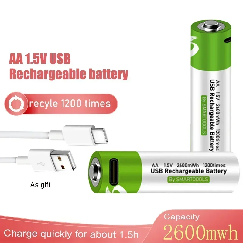 

2024 1.5V 2600mAh AA USB Lithium Rechargeable Battery For Remote Control Mouse Electric Toy Shaver Small Fan MP3+ TYPE C Cable