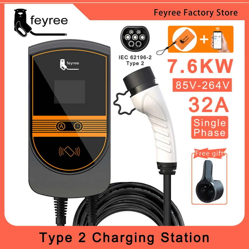 EVSE Wallbox 7.6KW 32A Type 2 Cable EV Car Charger Wallmount Electric Vehicle Charging Station IEC62196-2 Cord APP Wifi Control