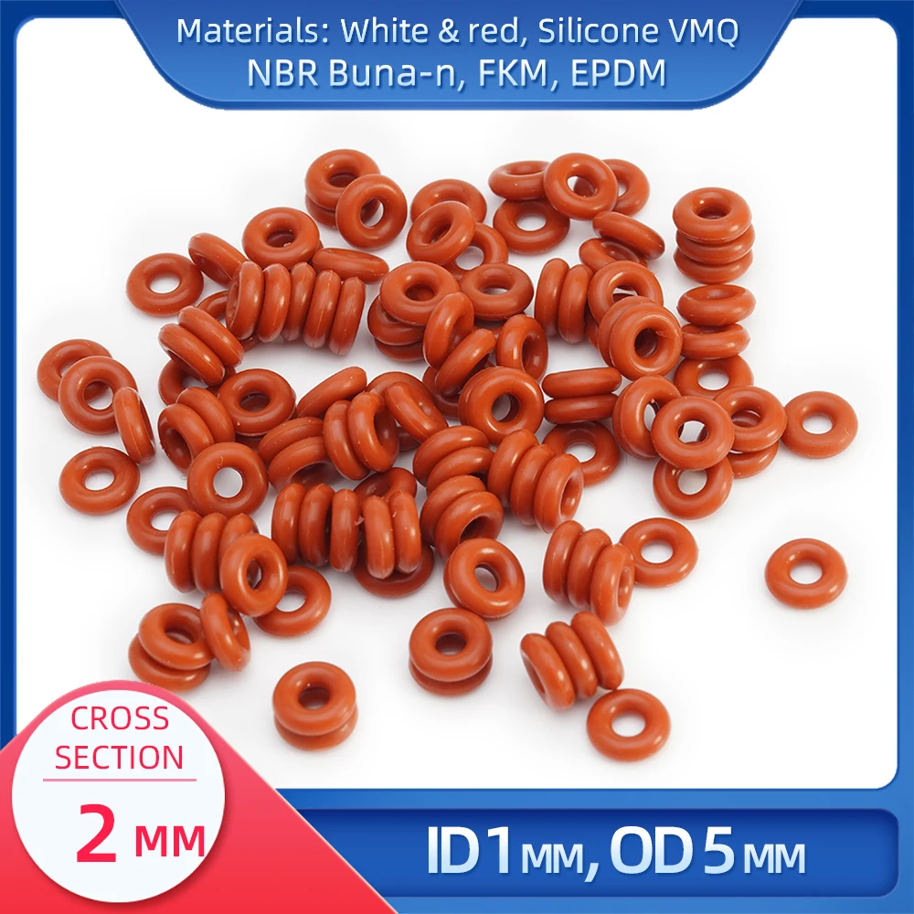 

O Ring CS 2 mm ID 1 mm OD 5 mm Material With Silicone VMQ NBR FKM EPDM ORing Seal Gaske