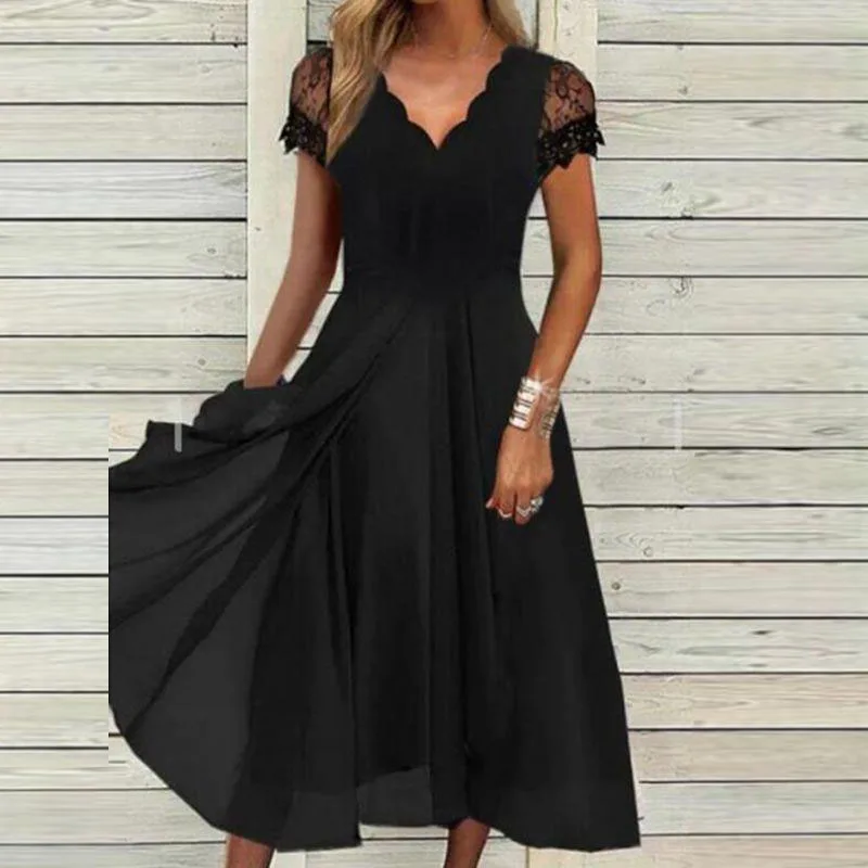 Elegante abito da festa donna estate pizzo Chiffon irregolare abito longuette nero manica corta lunga spiaggia abiti a trapezio 2023