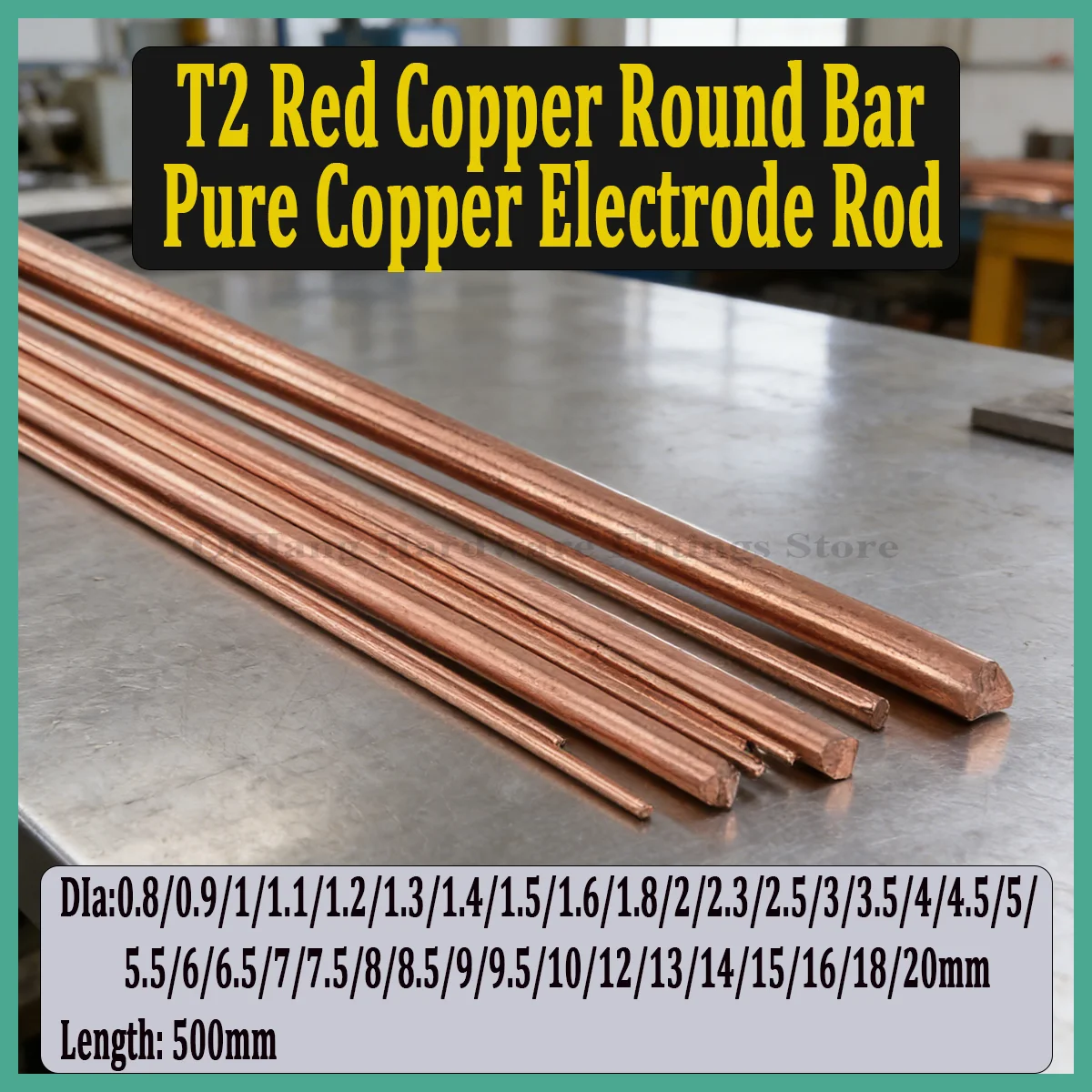 

Pure Copper Electrode Rod, T2 Red Copper Round Bar, Diameter 0.8-20mm, Length 500mm, High Purity