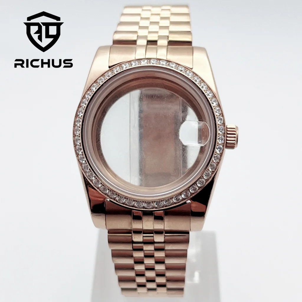 RICHUS 36 ミリメートル 39 ミリメートルローズゴールド時計ケースサファイアガラスフィット NH34 NH35 NH36 ETA2824 PT5000 Miyota8215-DG ムーブメント時計アクセサリー