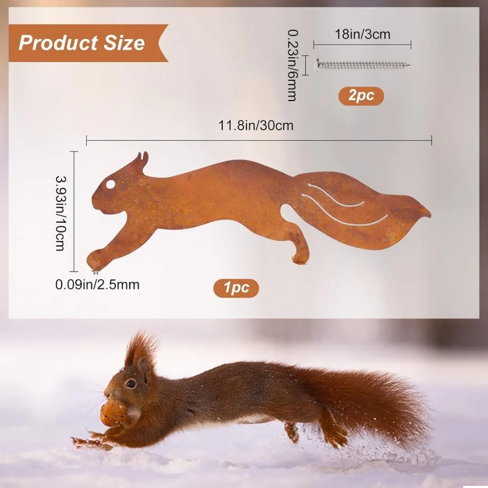 Metal Rusty Running Squirrel to Screw in Wood Rust Silhouette Squirrel Decor Art Ornament Exquisite Animal Sculpture Tree Stake