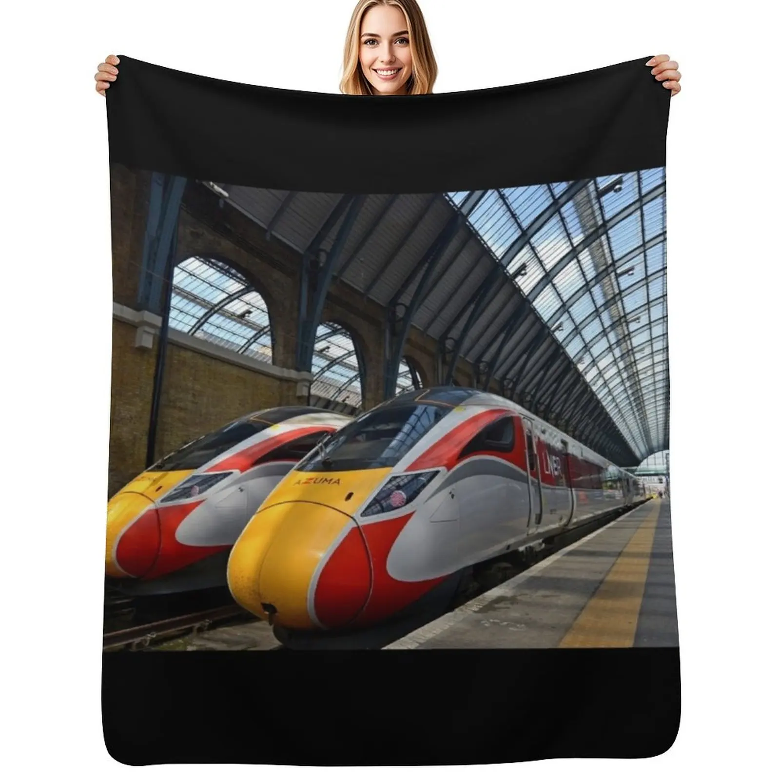 

LNER Azuma 801 high speed trains at King's Cross Station Throw Blanket Large Flannel Luxury Designer Blankets