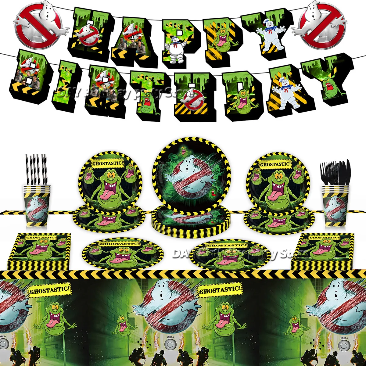 

Catch Green Ghost Theme Party Supplies Baby Shower Happy Birthday Flag DIY Cartoon Cup Cake Topper Paper Tableware