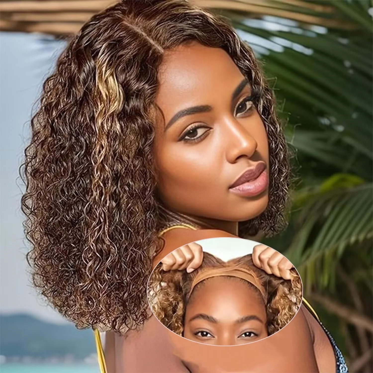 P4/27 オンブレ 250%密度 ショートボブ ハイライト 13x4 HDレースフロント 人毛ウィッグ ディープウェーブ ブラジリアンカーリー グルーレスフロントウィッグ