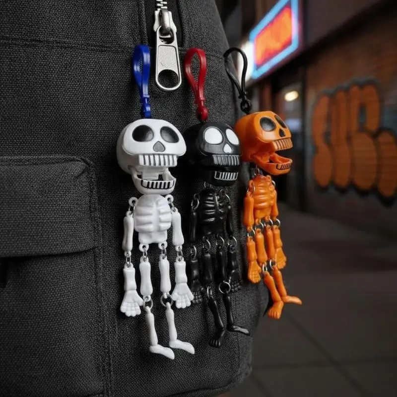 Pull String Skeleton Keychain Fun Skeleton Bag Charm Plastic Skeleton Keychain Spooky Movable Joint Keychain For Daily Stress