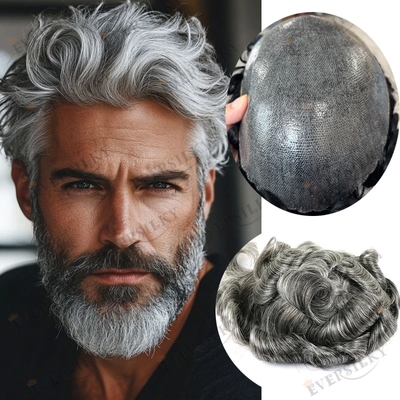 Microskin Men's Wig Natural Hairline #1B80 Gray Wave Human Hair Men Toupee Full Skin 0.02mm Super Invisible Ultra Thin Male Hair image 4