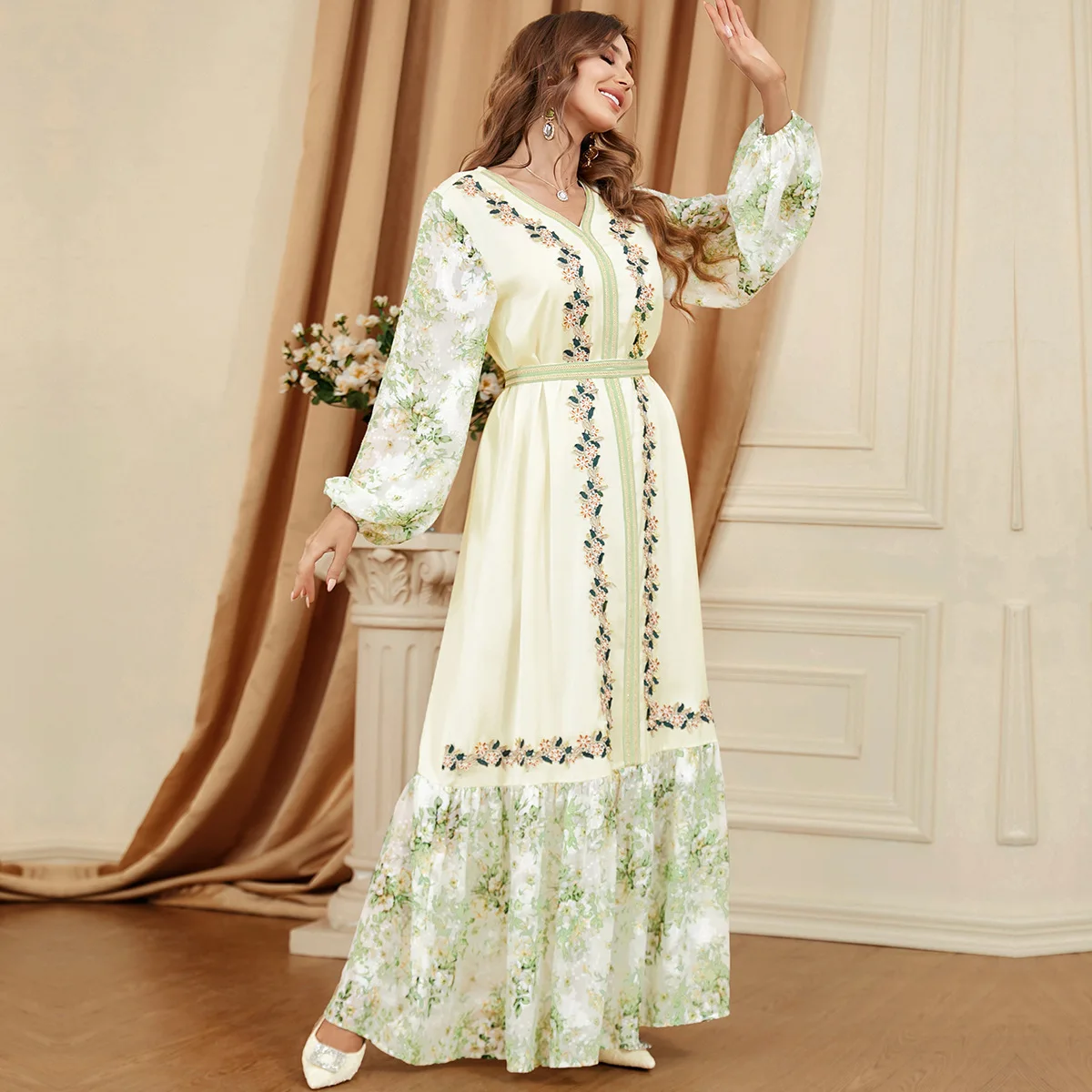 3350 2023 Autumn New Fragmented Flower Splicing Dress Arab Women's Fashion Casual Long Dress