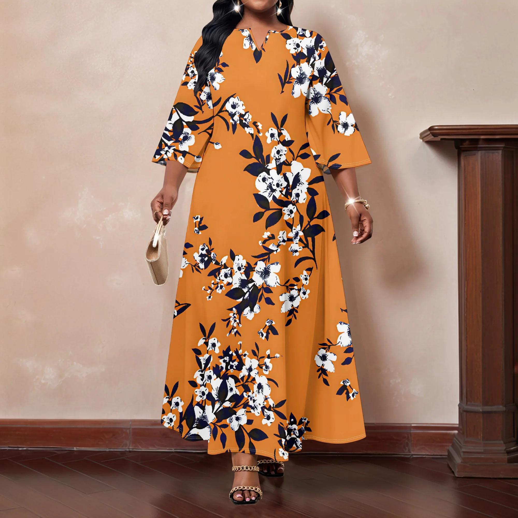 فستان نسائي متوسط الحجم بأكمام طويلة، رقبة على شكل حرف V صغيرة مطبوعة عصرية، فستان كاجوال منزلي #1