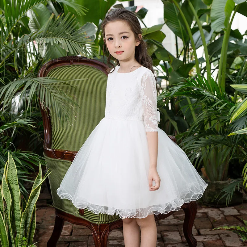 Birthday White Girls Dress Half Sleeve Flower Girl Vestido for Party Wedding  Girl Clothes 3 4 6 8 10 12 Years Old