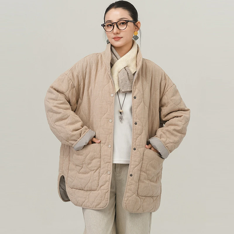 Women Cotton Linen Quilted Coats New Arrival 2026 Winter Stand Collar Big Pocket Loose Female Thick Warm Padded Jackets M3057
