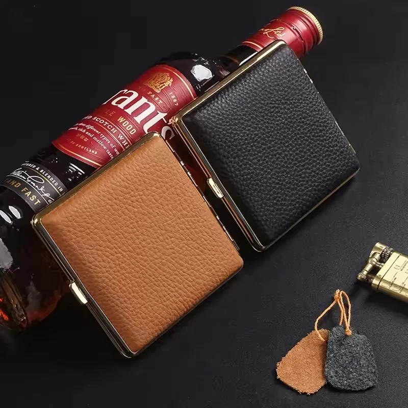 

Double Open Stainless Steel Leather Cigarette Case 20 Cigars Capacity Men Fashion Moisture-proof Tobacco Pocket Pouch