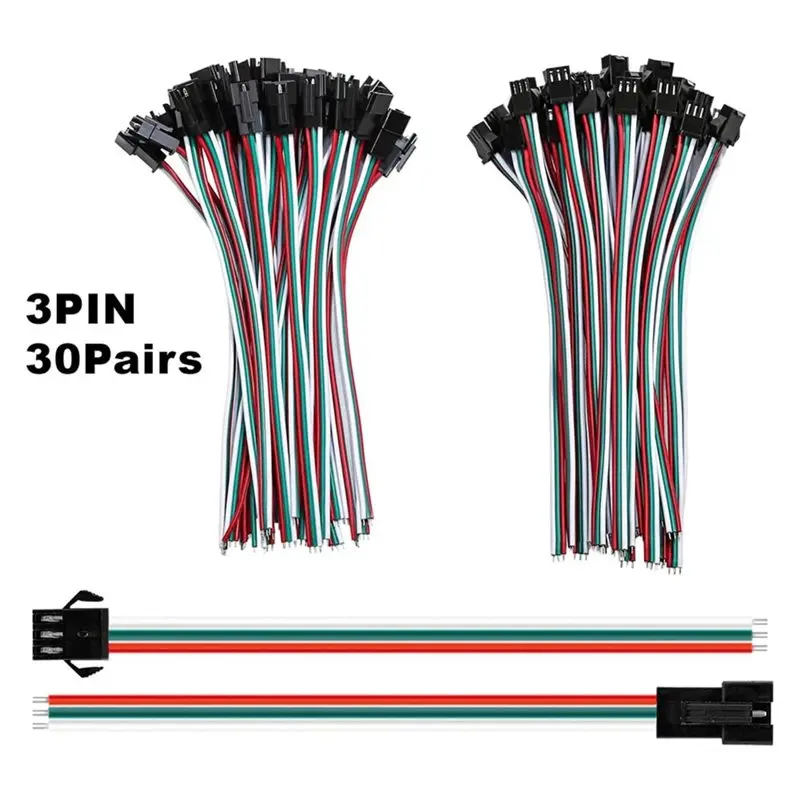 ABRU-JST SM 3-Pin Male-Female Connectors(30 Pair), 15Cm 22AWG Wire For WS2812B, WS2811, WS2812, WS2814, SK6812 LED Strip Connect