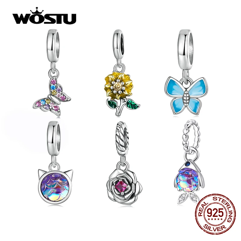 WOSTU Fashion Sunflower Charms Beads Real 925 Sterling Silver Butterfly Rose Pendent Fit Original DIY Bracelet Necklace Jewelry