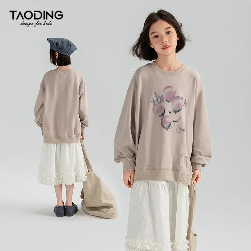 

Girls Hoodie Spring and Autumn 2024 New Round Neck Cartoon Lace Splicing Pullover Top Korean Simple Style Hoodie Fashion