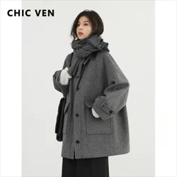 CHIC VEN Women Woolen Coat Casual Single Breasted Long Loose Solid Female Woolen Overcoat Ladies Outerwear Autumn Winter 2024