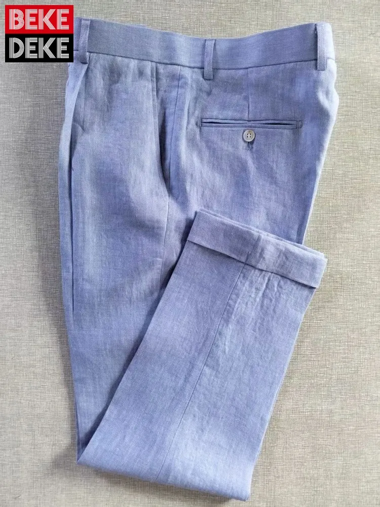 Summer Mens Light Blue Business Casual Vintage Linen Suit Pants Office Work Comfortable Ankle Length Slim Fit Straight Trousers