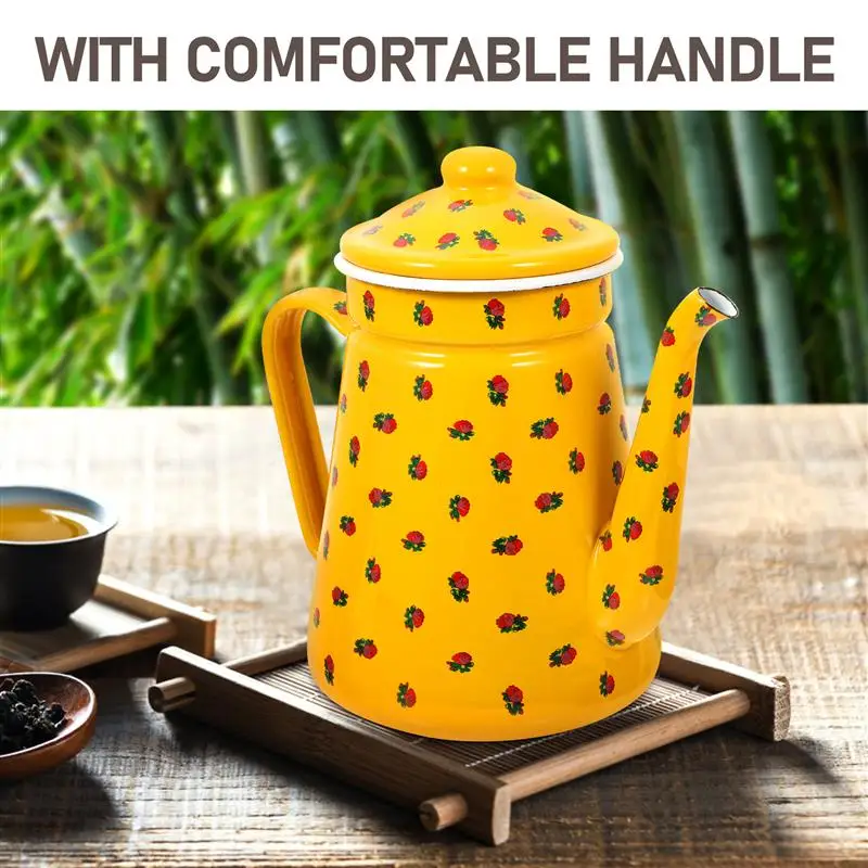 1.5L Kitchen Home Tea Drip Coffee Maker Campfire Kettle Campfire Coffee Pot Camping Teapot Enamel Coffee Pot for Coffee Tea