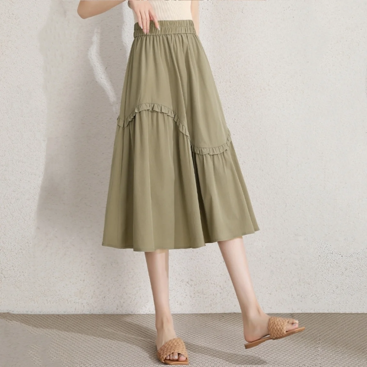 LOUIS YAO nouvelle dentelle décoration a-ligne jupe longue 2025 printemps été taille haute conception élastique femmes demi jupe Chic rue