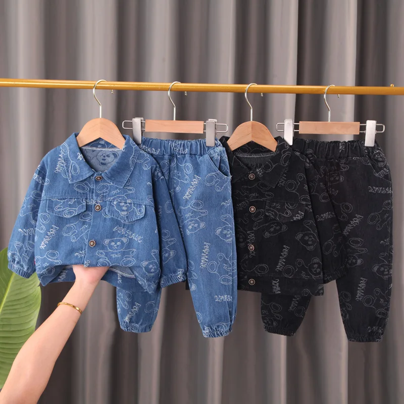 2023Baby boy spring autumn fashion denim suit boy cowboy tooling single-breasted cartoon denim overcoat+jeans 2-piece suit 0-4Y