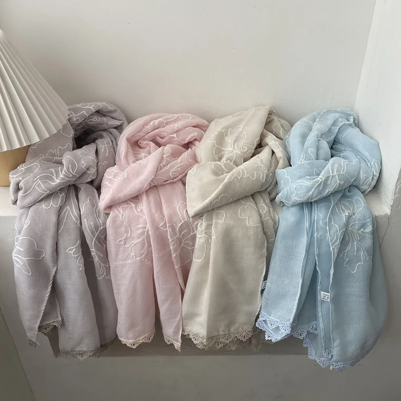 Large Sun Protection Scarves for Women Beautiful White Flower Pattern Scarves Spring Summer Outdoor Wraps