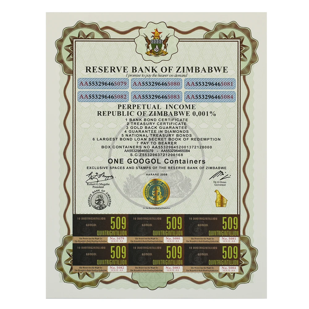 One Googol Containers Zimbabwe Certificate Stamps with UV Security and Serial Number Banknotes Collection Gifts