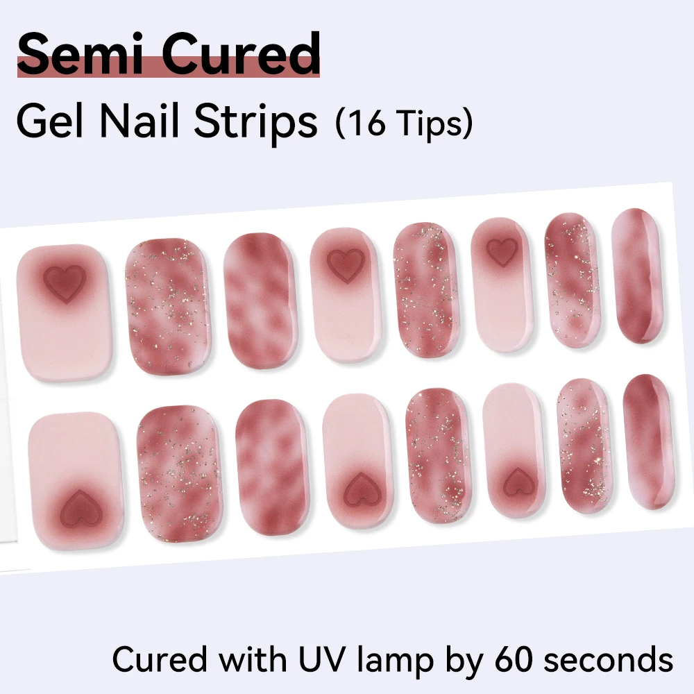 16 Tips Valentijnsdag Semi-Geharde Gel Nagelstickers Lijm Waterdicht Langdurige Volledige Dekking Gel Nagelstrips UV Lamp Nodig
