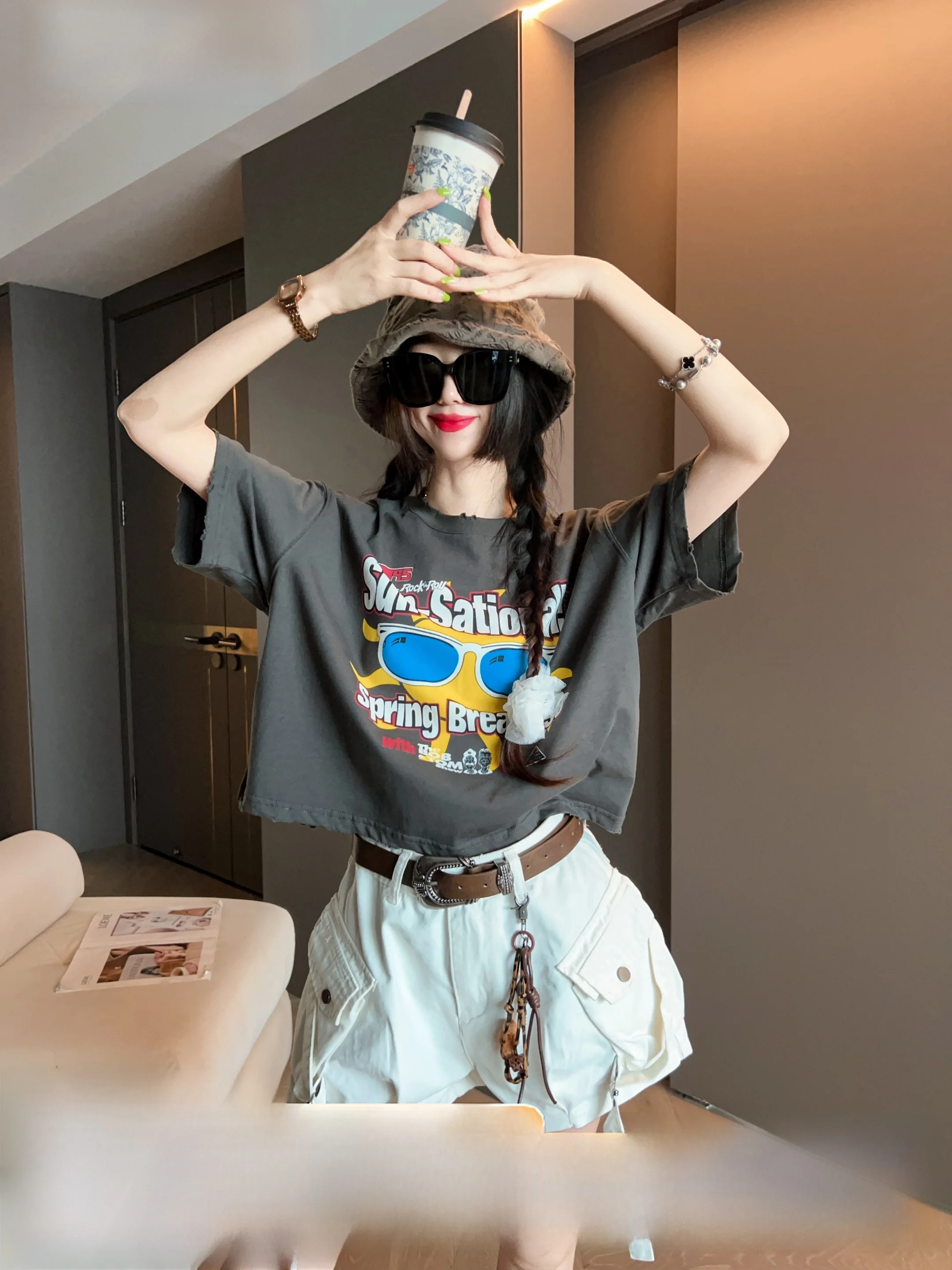 

Женская летняя футболка Faion Slimming 2025: Новинка, свободный крой, универсальный повседневный топ с круглым вырезом и креативным мультяшным принтом