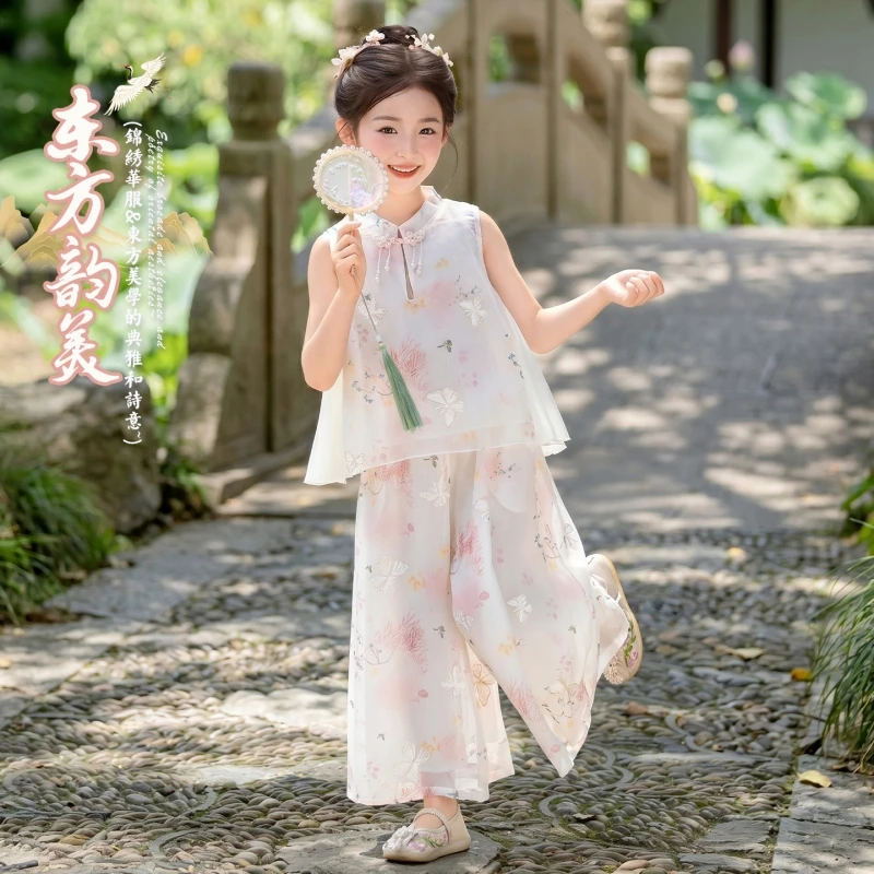 Girls Chinese Hanfu Outfit Summer Sleeveless Mandarin Collar Top Wide Leg Pants Floral Print Loose Kids Traditional Set 6-14Y