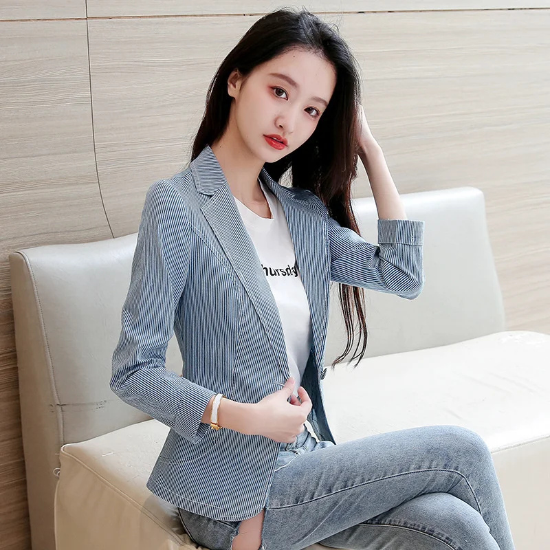 여성용 얇은 싱글 버튼 짧은 블레이저, 슬림 캐주얼 블루 스트라이프 블레이저, 용수철 가을 코트, #0131