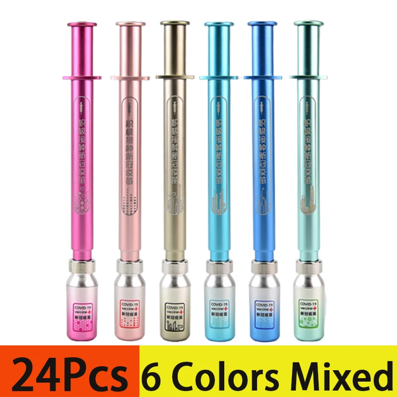 

24Pcs Luminous Vaccine Shaped Gel Pens Syringe Pens Multi Color Novelty Pen for Nurses Nursing Student School Supplies